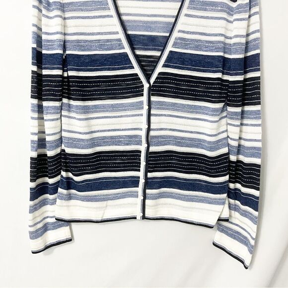 Escada Blue Black White Light Gray Rhinestone Striped Button Down Cardigan Sz 38 - Picture 3 of 6